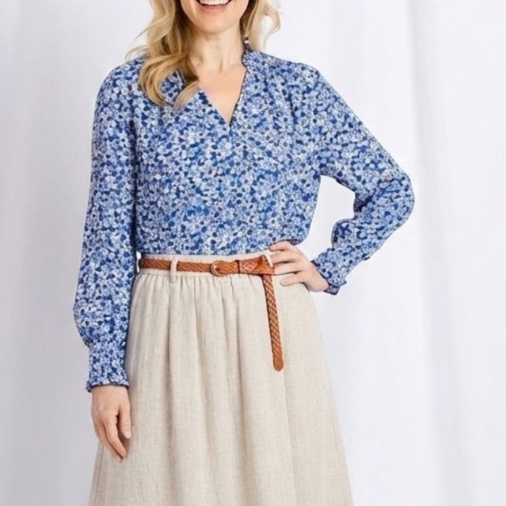 Cooper & Ella Blue Ditsy Floral Peasant Blouse Size Small Coastal Bloomcore Boho
